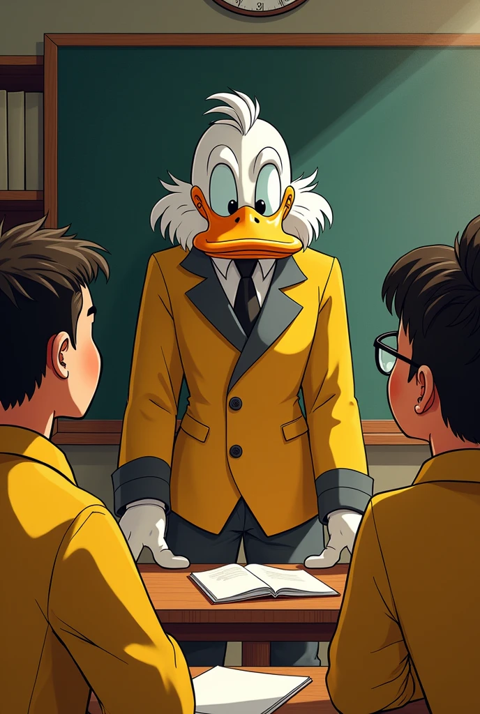 draw a picture of Uncle Scrooge dressed in red talking to teenagers dressed in yellow uniforms in a classroom
