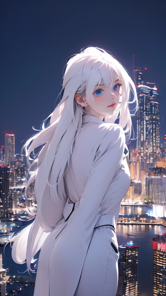1 girl, medium light white hair, light blue eyes, wearing Black suit 4D , night city, absurdres , high res, ultrasharp, 8K, masterpiece, looking from behind