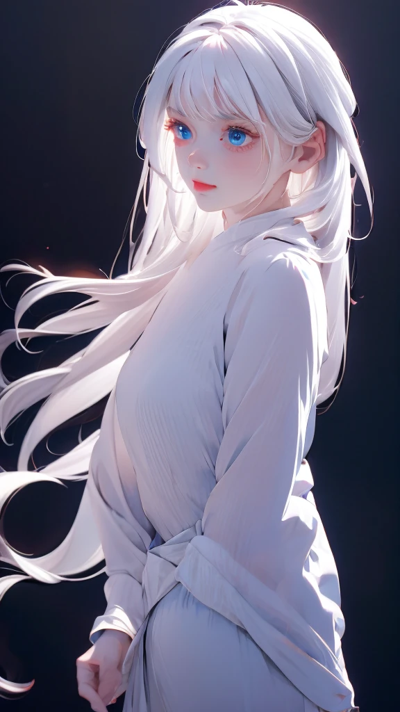1 girl, medium light white hair, light blue eyes, wearing Black suit 4D , night city, absurdres , high res, ultrasharp, 8K, masterpiece, looking from behind