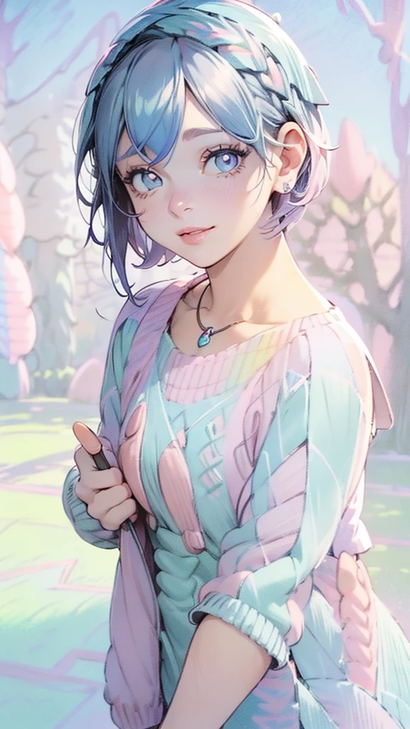 1girl, bangs, (dark blue hair:1.4), multicolored hair, necklace, parted lips, (light grey eyes:1.3), grey irises, short hair, smile, solo, (blue sweater: 1.2), (grey sweatpants), park background, bright blue sky, grassy background, trees background, pastel aesthetic, outfit, (pastel clothing: 2)