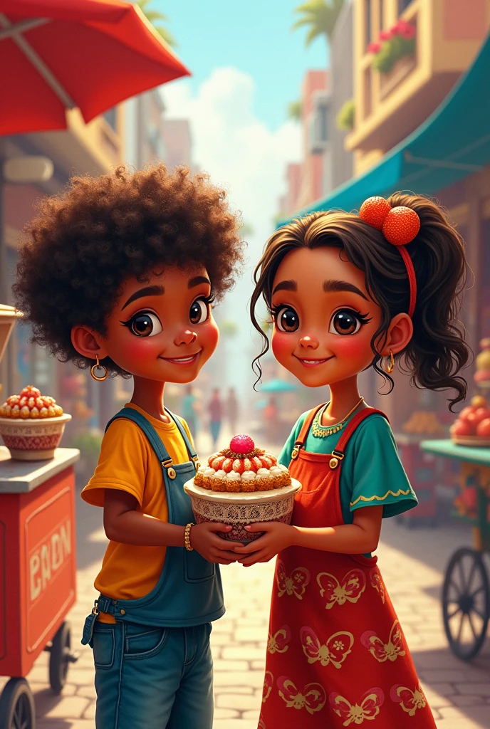 Write on image "M.M DESERTS" Along with a drawing of a boy with a girl holding a dessert jar in their hands in a street vendor setting., Both the girl and the boy should have brown skin and curly hair.