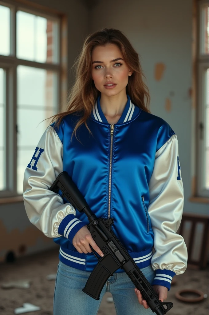 living room background, wasteland,, fragments, soft feminine royal blue and white satin bomber jacket, woman holding rifle,fighting stance,almost perfect, pure form, intricate details, 8K post-production, high resolution, super detailed, Popular topics on Artstation, sharp focus, Studio photos, intricate details, Very detailed, author:Greg Rutkowsky