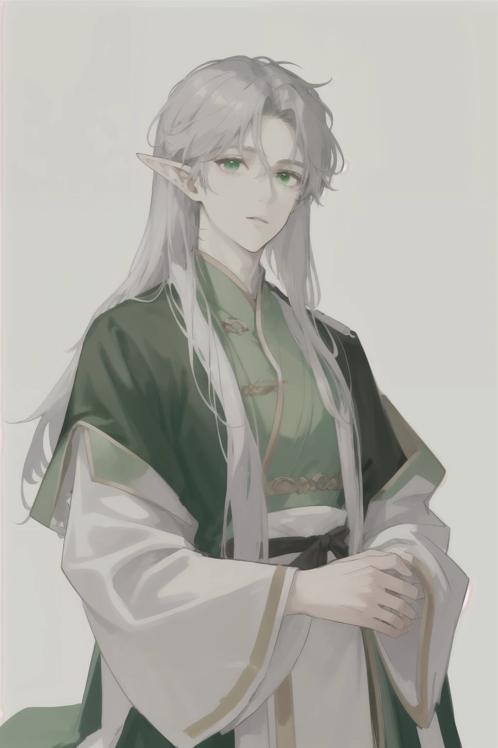 (masterpiece),(individual!!!!!)male,Elves,individual,Deep but clear eyes,Light green eyes,White skin,Silver long hair,Straight Hair,Wearing hair,非常Simple深绿色长袍,Gentle but calm,simple,Simple,Noble and elegant temperament,(Pure dark green robe!!!)(Solid color robe)Learn from excellent examples,juvenile,juvenile感(individual!!!!!!!!!!!!!!!!!!!!!!!!individual!!!!!!!!!!!!!!!!!){individual!!!!!!}
