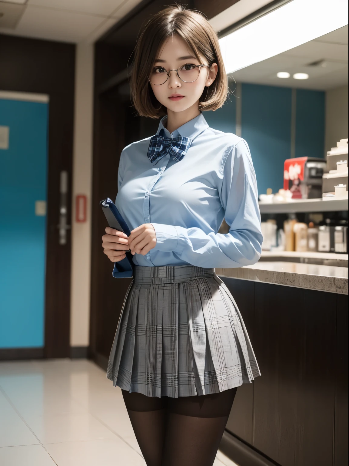 (8k、生photograph、 Highest quality、masterpiece:1.2)、(Bobcut)、(Small eyes)、((Black Pantyhose))、((Small breasts)、(Small breasts)、(Small breasts)、(Cutting board)、(Half an eye))、((Sleepy eyes))、((Squint your eyes))、(Round Glasses)、Droopy eyes、One person、cute、JK、high school girl、Japanese women、(Are standing)、(PhotoReactive:1.37)、Photon Mapping、Real、(Very delicate face)、round face、cute小さな顔、Brown eyes、(Red bow tie)、Radio City、Physically Based Rendering、Prospect、Character boundary depth、Blurred Background、photograph、、body、Beautiful feet、Long legs、Thin legs、(前hairが見える)、hair、lips、Blue_The目、Soft Nose、(Light blue shirt)、(Navy, blue and white plaid pleated skirt)、High school uniforms、See-through clothing、Thighs、black cotton socks、Nogizaka Idol、Japanese Idol