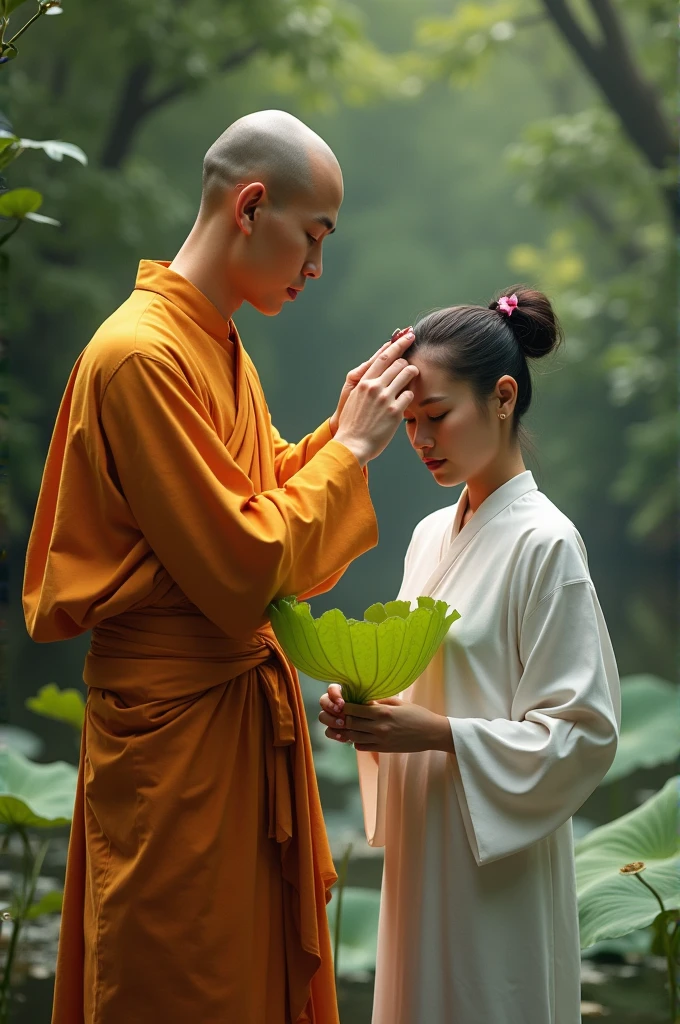 The Thai monk shaved the head of a person wearing white clothes and holding a lotus leaf.