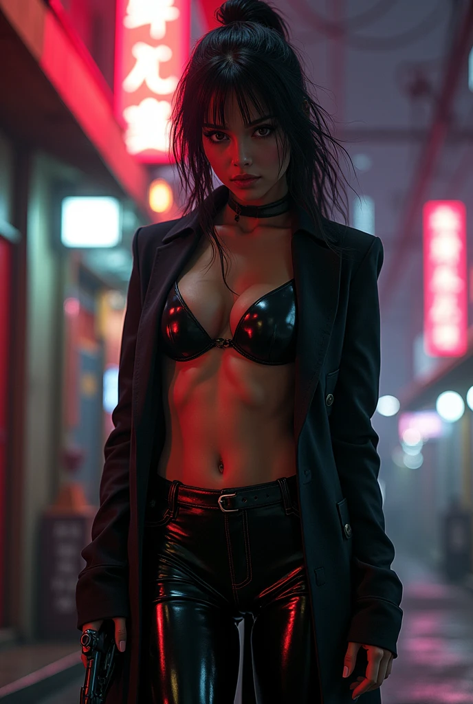 Imagine a scene where this female Joker, standing at the edge of a dark, rain-soaked Gotham City rooftop, surveys the chaotic streets below. The night is alive with the sounds of sirens, distant gunshots, and the low rumble of thunder. The city, usually her playground of chaos, now feels like it's holding its breath, waiting for her next move.

She's just finished a twisted game of cat-and-mouse with Gotham's elite, leaving a trail of destruction and confusion in her wake. Her purple suit jacket flutters slightly in the wind, revealing glimpses of the toned body beneath, accentuated by the barely-there bikini bottom. Despite the madness in her eyes, there’s a calculated sharpness to her every move.

She tilts her head back, letting the rain wash over her, smudging the heavy makeup even more, making her look like a beautiful specter, a vision of twisted perfection. The smeared red smile on her lips, the dark eyes that seem to bore into the soul of anyone who dares meet her gaze—she is the embodiment of chaos wrapped in an irresistible package.

Her next target? An unsuspecting billionaire attending a high-society gala across town, who has no idea that his fortune will soon fuel her next grand scheme. She knows her appearance alone will grant her entry; after all, no one ever suspects the beautiful ones.

She pulls out a small, jagged knife from her jacket pocket, twirling it in her fingers with ease. The blade catches a flash of lightning, reflecting the gleam in her eyes. With a final glance at the city she owns through fear, she whispers to herself, "Let's put a smile on that face."

In an instant, she disappears into the shadows, her laughter echoing through the night—a sound that’s as beautiful as it is terrifying, promising Gotham a night it won’t soon forget.