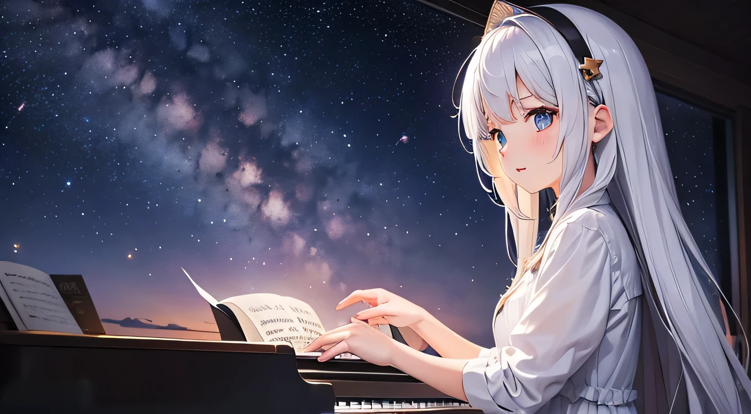 Cute anime girl playing the piano, Pasture, universe, Milky Way, Particles of light, White Dress, masterpiece