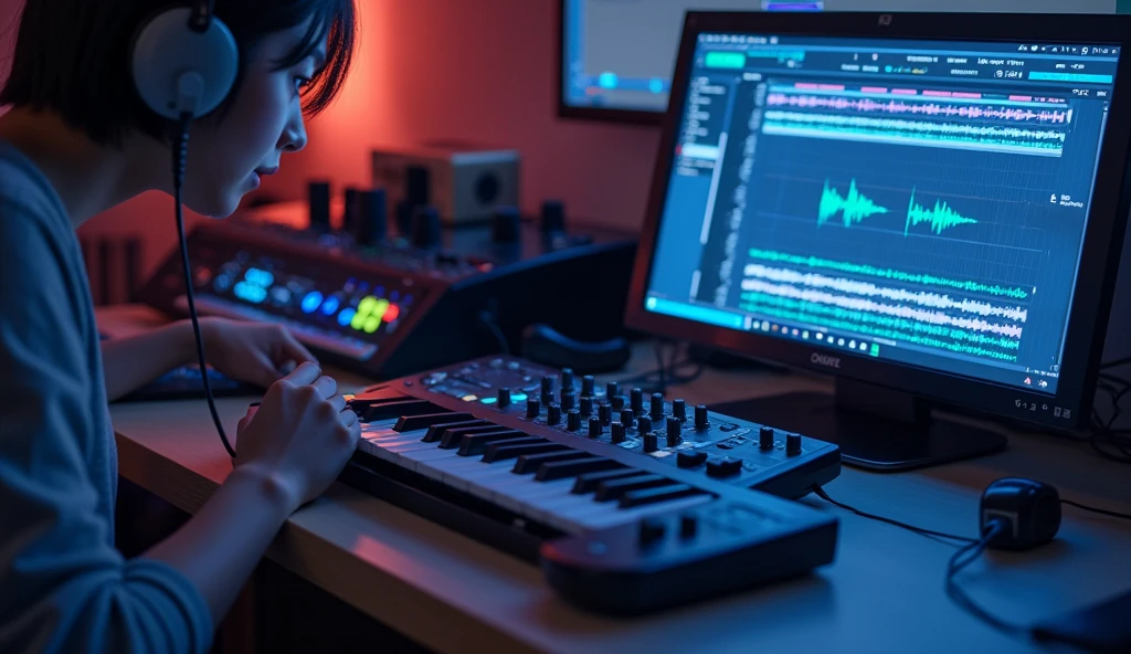 Close-up of a computer screen,Music Production,Desktop Music,Anime Style,animation,Japanese anime,High resolution, 