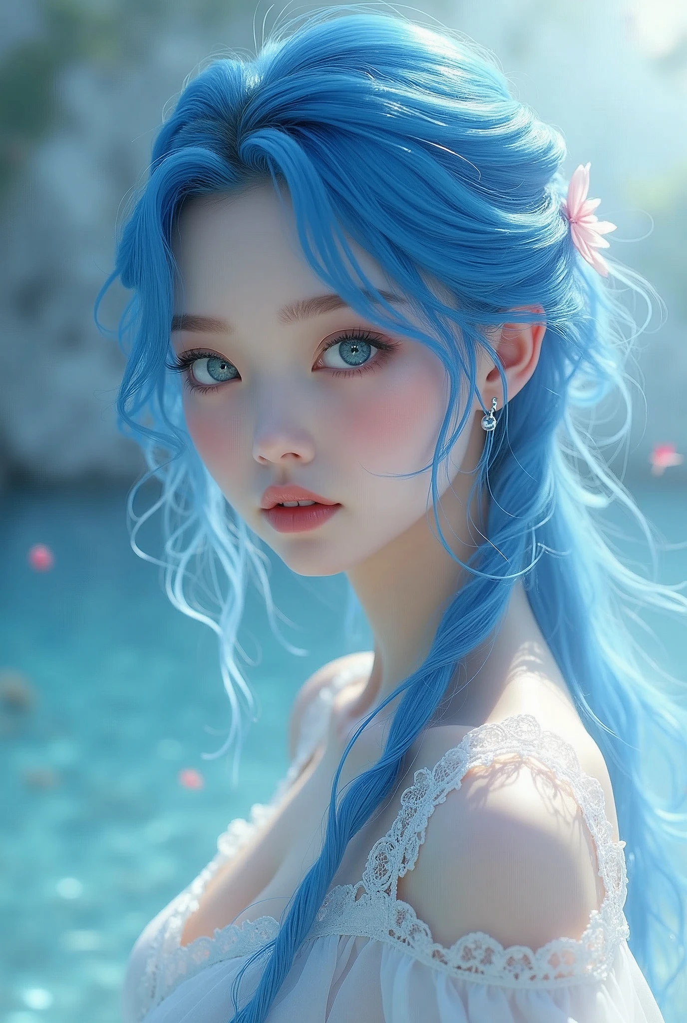 close up of a woman with blue hair wearing a lolita white dress, fantasy art style, beautiful fantasy art portrait, azure. detailed hair, ethereal beauty, beautiful fantasy maiden, beautiful blue haired girl, ethereal fantasy, beautiful young wind spirit, beautiful fantasy portrait, beautiful fantasy art, beautiful digital artwork, ((a beautiful fantasy empress)), pretty girl with blue hair