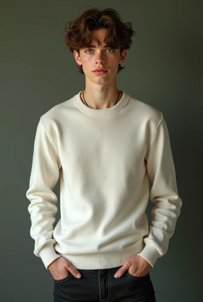, he has Olive brownish skin, Italian descendants, he is cute, beautiful, strikingly attractive, green eyes and intense, soft pink lips naturally shaped, wavy brown hair, gentle curls, slender build, freckles around the nose, quiet, mysterious, shy, teenager, 18 years old, skinny body, wearing a cute white sweater, , young, skinny arms, a boy, black jeans stylish, realistic, hound adult boy, full body