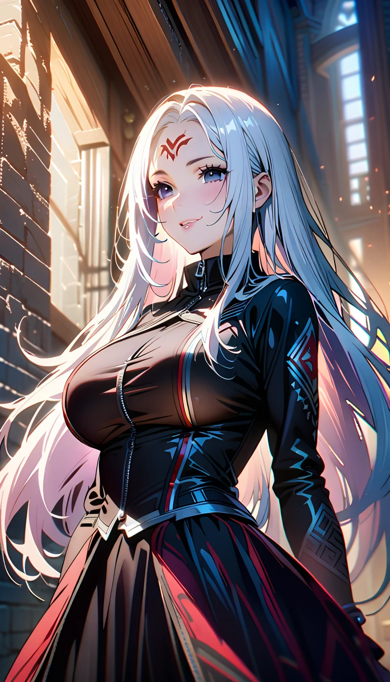 1girl,(Very long white hair),(empty black eyes),(red cheeks),(cute smile),(Dragon mark on her forehead),(black clothes),(big breast),(She raises her hand forward),(masterpiece:1.5), (8k details:1.3), (unlimited details:1.2), (best eyes:1.4), (ultra clothes details:1.3), (highly detailed background), (vibrant colors), (dynamic lighting), (realistic skin texture), (intricate patterns), (sharp focus), (full-body view), (natural poses), (expressive emotions), (cinematic composition)