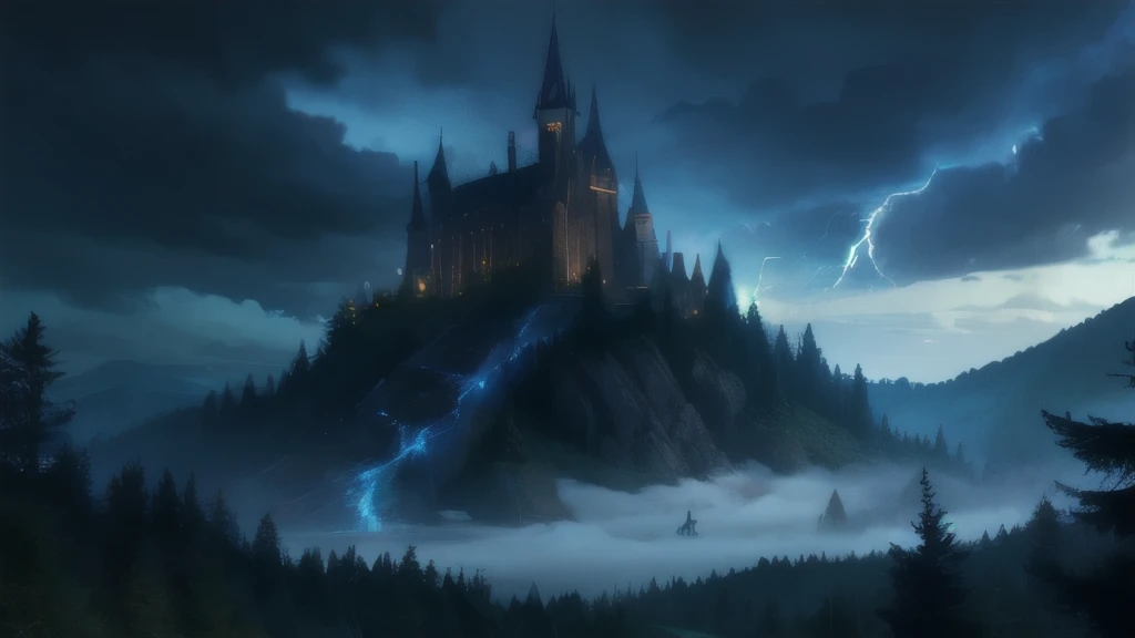 the forest, night, the sky is covered with clouds, fog, fantasies, gothic castle nearby, rain, lightning