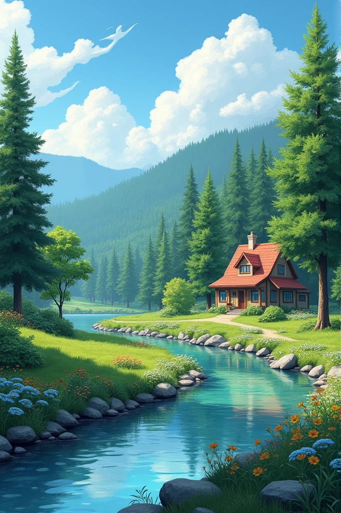 House with stream and trees and clouds in the sky