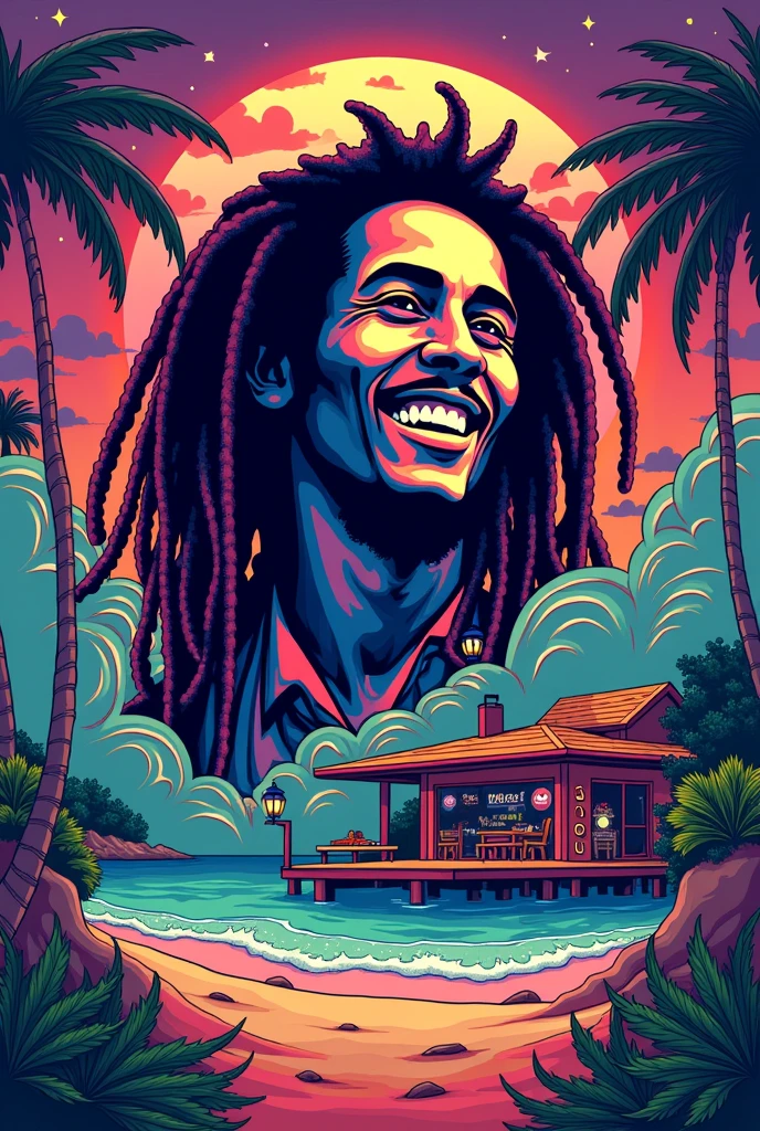 bob marley. 420 artwork for the grove cannabis shop. a shop by the beach, retro psychedelic weed illustration, liquid, psychedelic artwork, in illustration style digital, extremely high quality artwork, estilo de arte impressionante, arte do Adobe Illustrator, visionary art style, psychedelic acid trip, estilo de arte vetorial, Psychedelic style nano-infused Vibrant colors, swirling patterns, surreal, trippy fluid