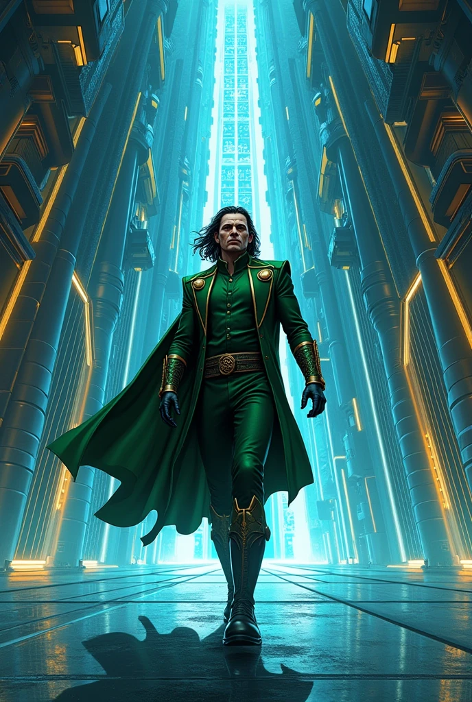 new Storyboard, Storyboard, Storyboard, brilliant colors new modern style comics books, luki The Tower is a maze of gleaming corridors and advanced technology. Loki navigates it with the ease of a ghost, his illusions concealing his movements. He slips past security drones, evades the watchful eyes of Jarvis, and even manages to charm a particularly curious security guard.
