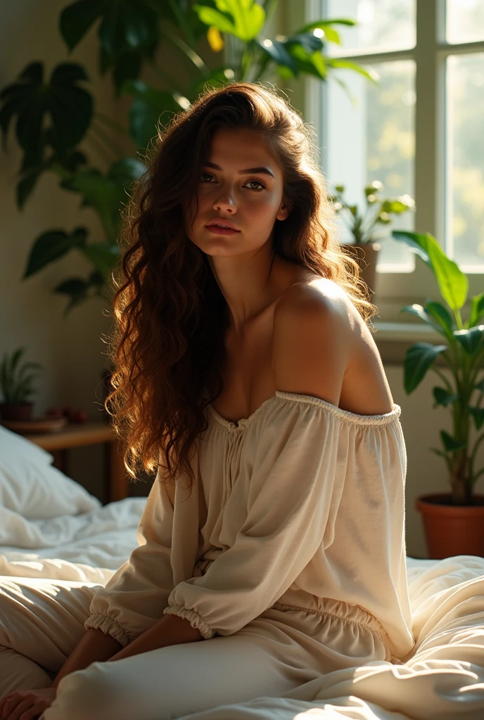 (photorealism:1.2), beautiful woman, sitting on bed, wearing loose off-shoulder top, pajama pants, long curly hair, indoors, soft lighting, plants in background, window with sunlight, cozy room, relaxed pose, realistic, intricate details, warm colors, by Greg Rutkowski, by Alphonse Mucha