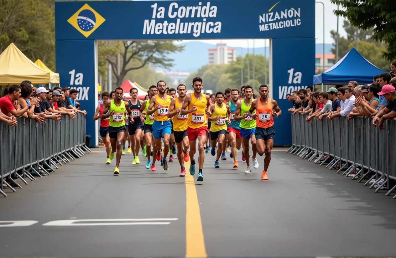 A high-quality photo of a large group of Brazilian people running in a marathon during the daytime. The runners, wearing a variety of colorful athletic gear, are in mid-stride, with expressions of focus and determination. sunlight dapples the ground, creating dynamic shadows. The scene is lively with spectators cheering from the sidelines, and the overall atmosphere is energetic and celebratory. Text written on banner "1ª Corrida Metelurgica"