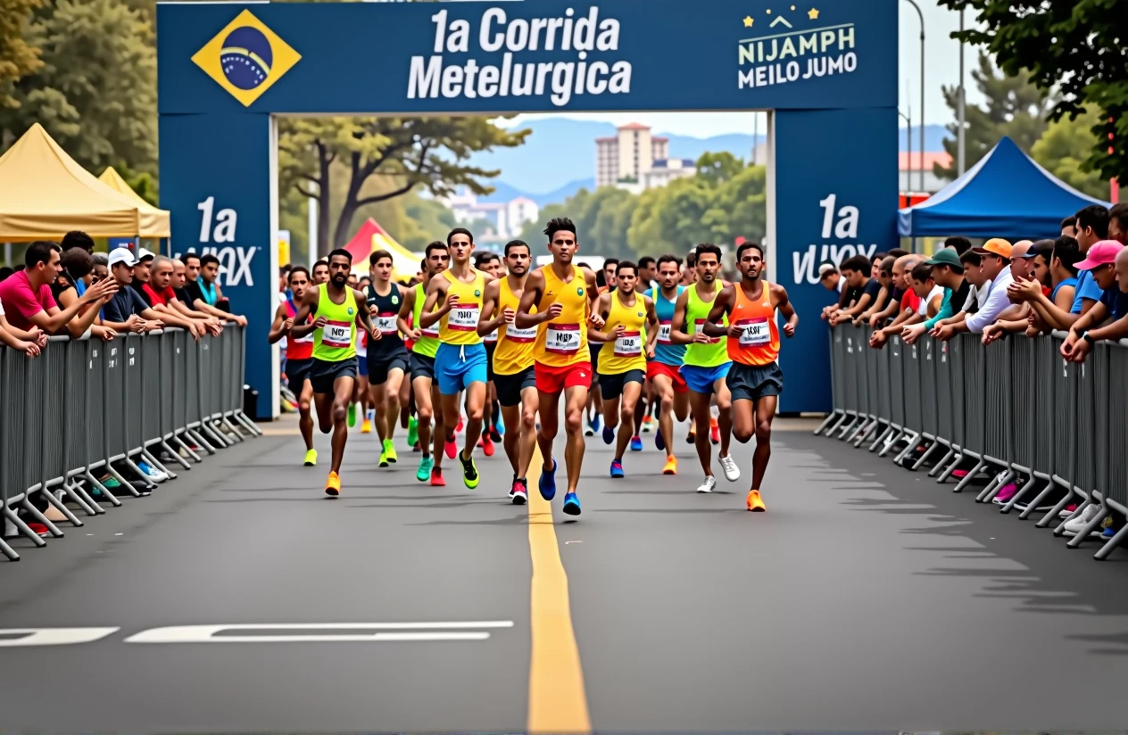 A high-quality photo of a large group of Brazilian people running in a marathon during the daytime. The runners, wearing a variety of colorful athletic gear, are in mid-stride, with expressions of focus and determination. sunlight dapples the ground, creating dynamic shadows. The scene is lively with spectators cheering from the sidelines, and the overall atmosphere is energetic and celebratory. Text written on banner "1ª Corrida Metelurgica"