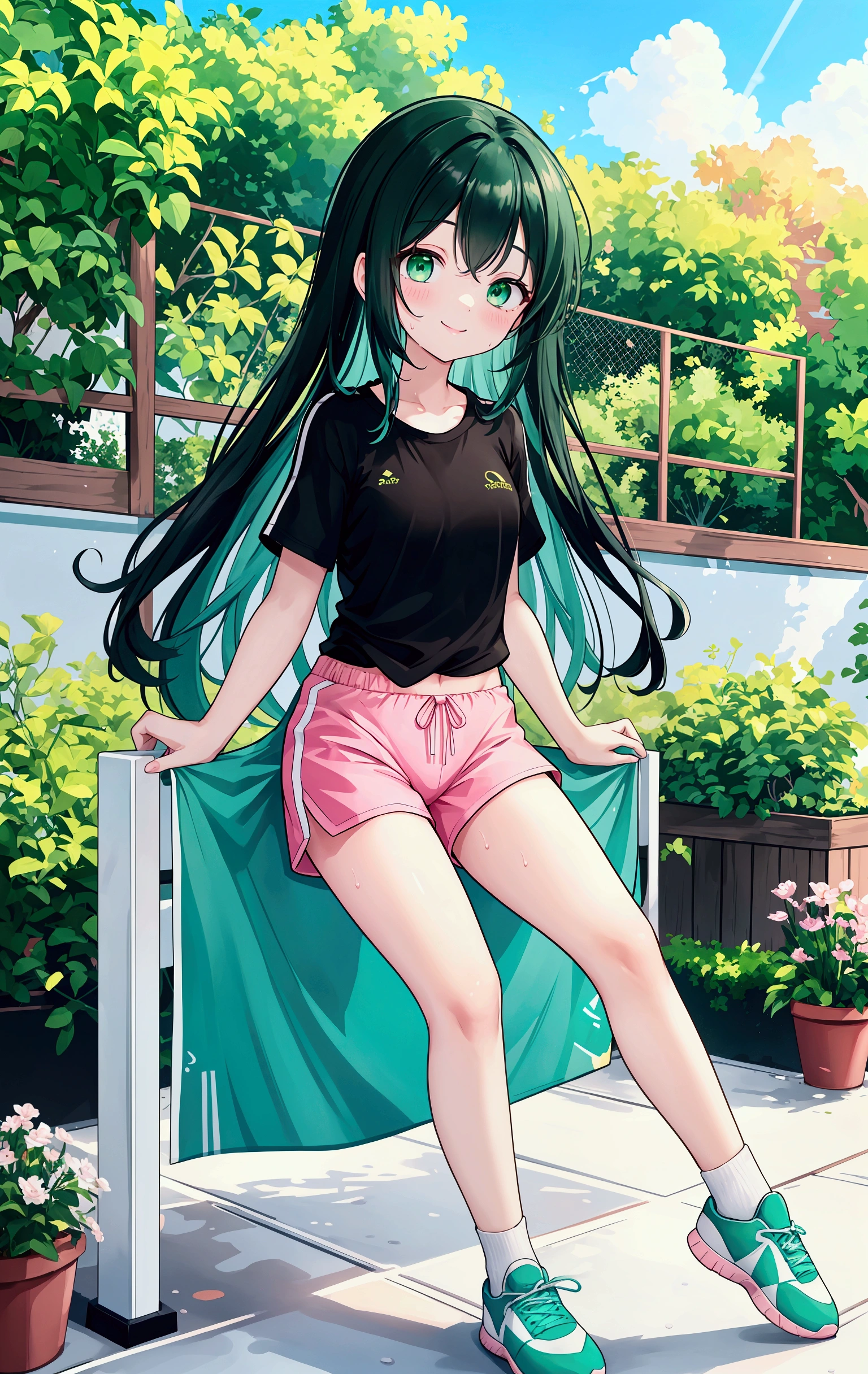 Highest quality,Unity 8k wallpaper,1peopleの,1people,,Glamorous Body,cute,smile,Emerald green eyes,Black Hair,long hair,Whole body,front,White T-shirt,Pink shorts,Radio gymnastics,sports,Aqua blue training shoes,Sweaty,Wide々and garden,