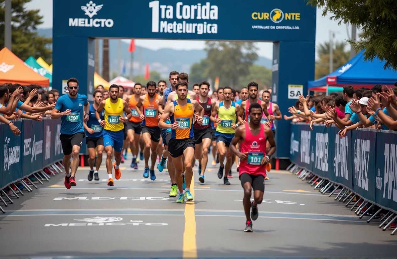 A high-quality photo of a large group of Brazilian people running in a marathon during the daytime. The runners, wearing a variety of colorful athletic gear, are in mid-stride, with expressions of focus and determination. sunlight dapples the ground, creating dynamic shadows. The scene is lively with spectators cheering from the sidelines, and the overall atmosphere is energetic and celebratory. Text written on banner "1ª Corrida Metelurgica"