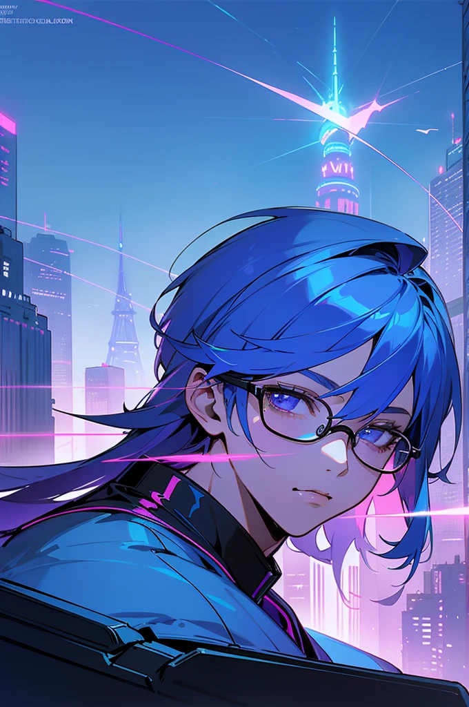 For the audience，(masterpiece, Top quality, best quality, Official Art, beautiful and aesthetic:1.2),(Blue-violet Neon Lighting), (Vibrant light), Dynamic Color, sharp contrast, futuristic vibe, Electricity,Shiny reflective surface,(city View:1.3),8K,Official Wallpapers, best quality，Best to draw in style，A boy wearing glasses，Wearing a sweatshirt