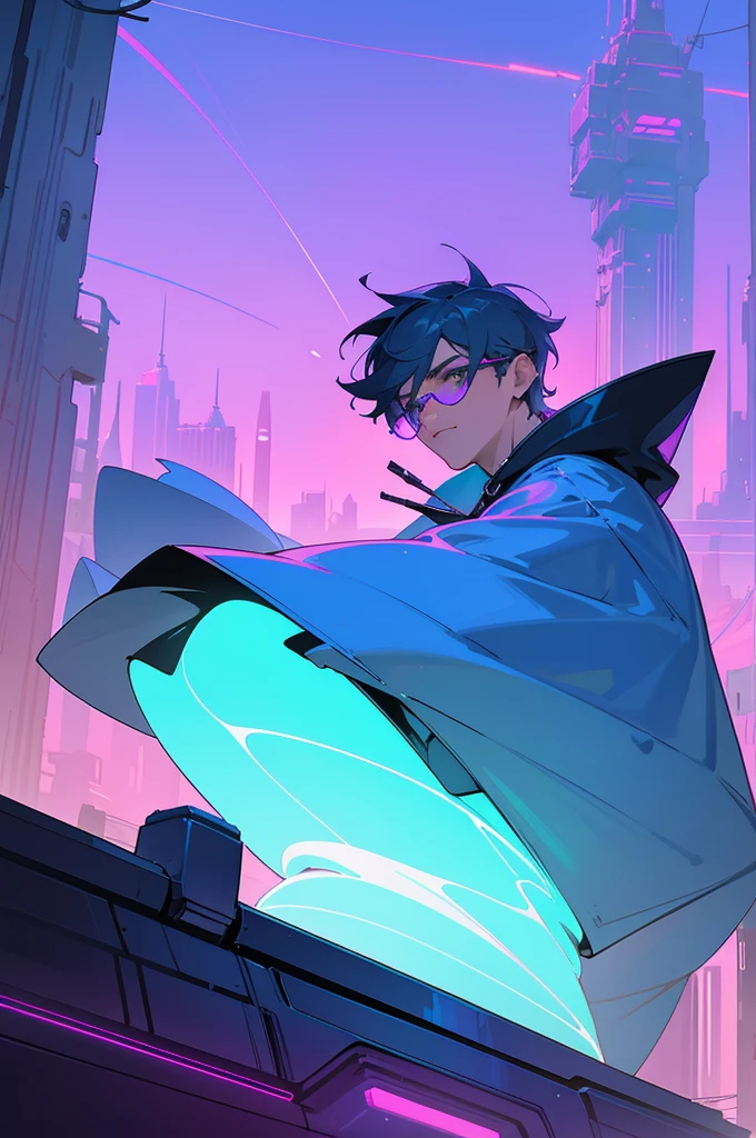 For the audience,(masterpiece, Top quality, best quality, Official Art, beautiful and aesthetic:1.2),(Blue-violet Neon Lighting), (Vibrant light), Dynamic Color, sharp contrast, futuristic vibe, Electricity,Shiny reflective surface,(city View:1.3),8K,Official Wallpapers, best quality,Best to draw in style,A boy wearing glasses,Wearing a sweatshirt