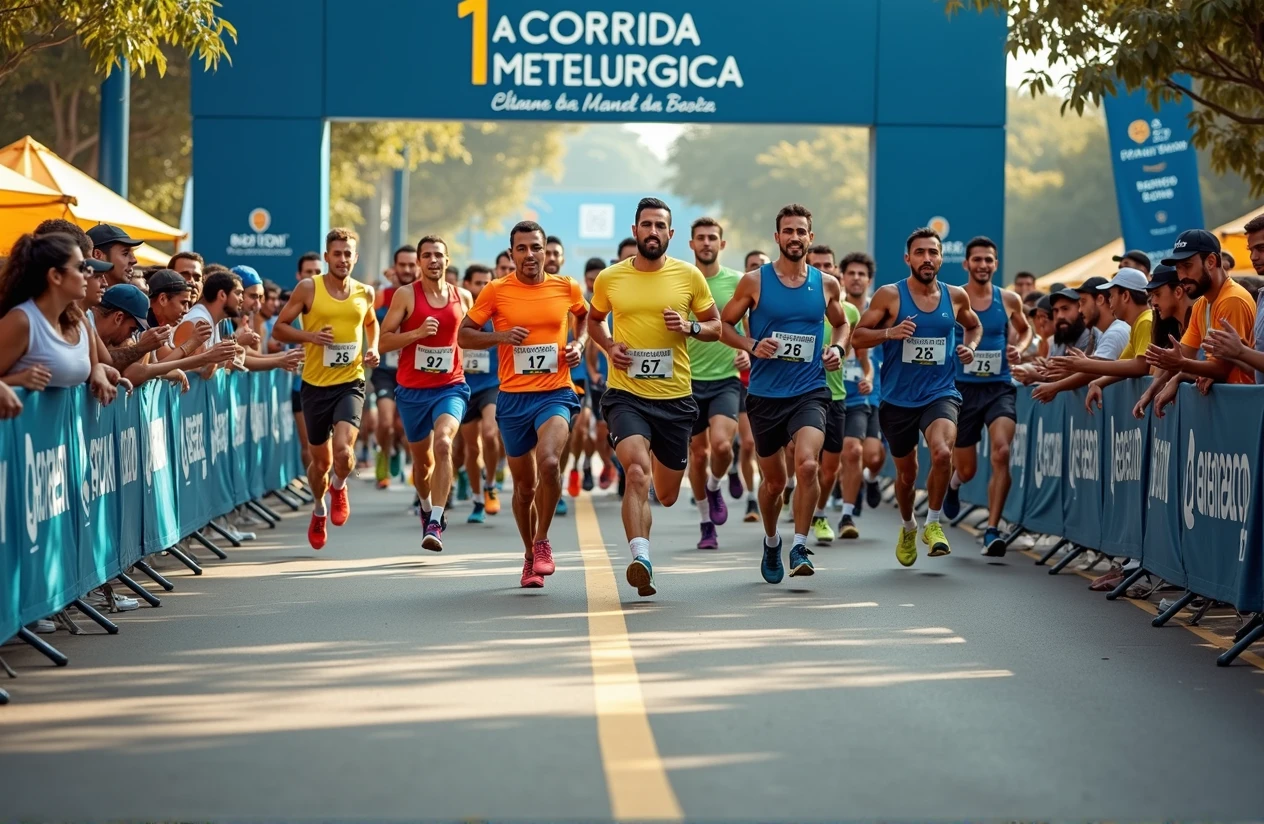 A high-quality photo of a large group of Brazilian people running in a marathon during the daytime. The runners, wearing a variety of colorful athletic gear, are in mid-stride, with expressions of focus and determination. sunlight dapples the ground, creating dynamic shadows. The scene is lively with spectators cheering from the sidelines, and the overall atmosphere is energetic and celebratory. Text written on banner "1ª Corrida Metelurgica"