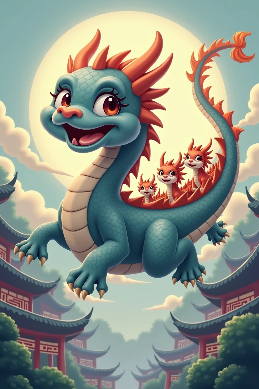one piece,dark gray chinese dragon,huge,Warm expression,fly,with a few small dragons on its back,cute style,Chinese style in the background,Don't need wings