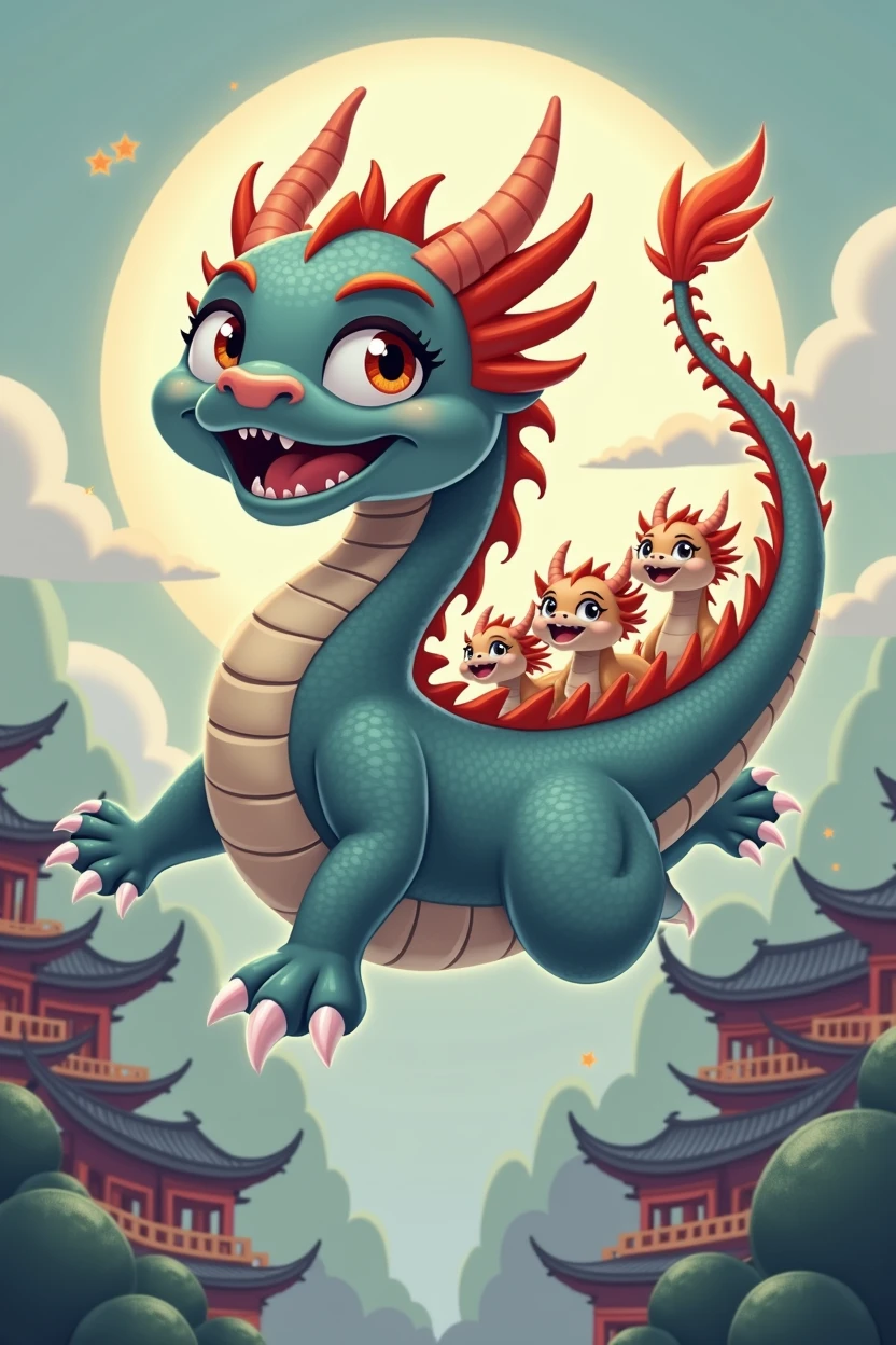 one piece,dark gray chinese dragon,huge,Warm expression,fly,with a few small dragons on its back,cute style,Chinese style in the background,Don't need wings
