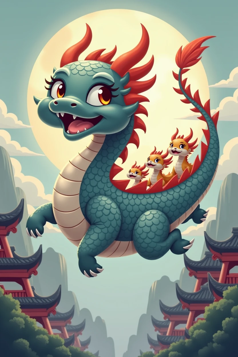 one piece,dark gray chinese dragon,huge,Warm expression,fly,with a few small dragons on its back,cute style,Chinese style in the background,Don't need wings
