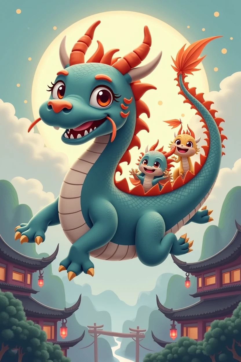 A deep gray Chinese dragon,huge,Warm expression,fly,with a few small dragons on its back,cute style,Chinese style in the background,Don't need wings