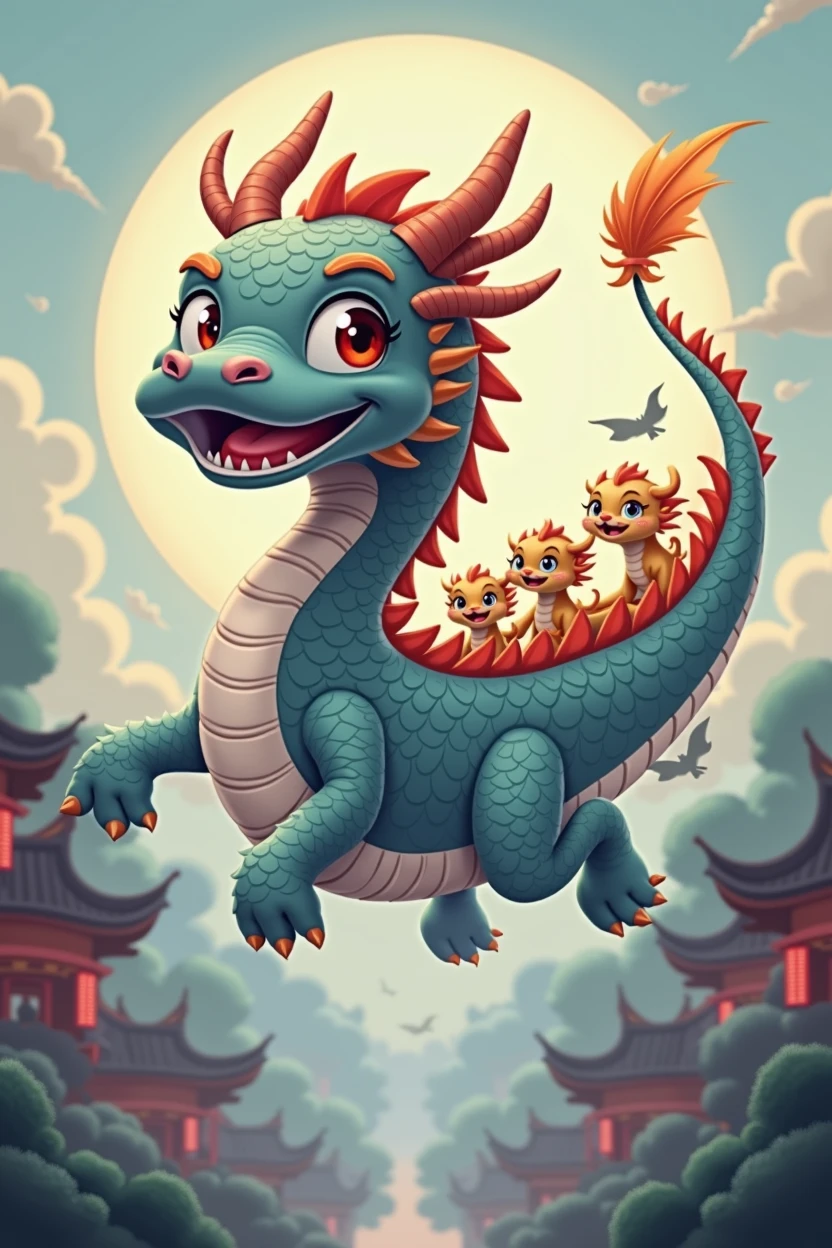 A deep gray Chinese dragon,huge,Warm expression,fly,with a few small dragons on its back,cute style,Chinese style in the background,Don't need wings