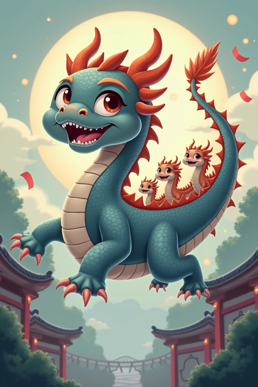 A deep gray Chinese dragon,huge,Warm expression,fly,with a few small dragons on its back,cute style,Chinese style in the background,Don't need wings