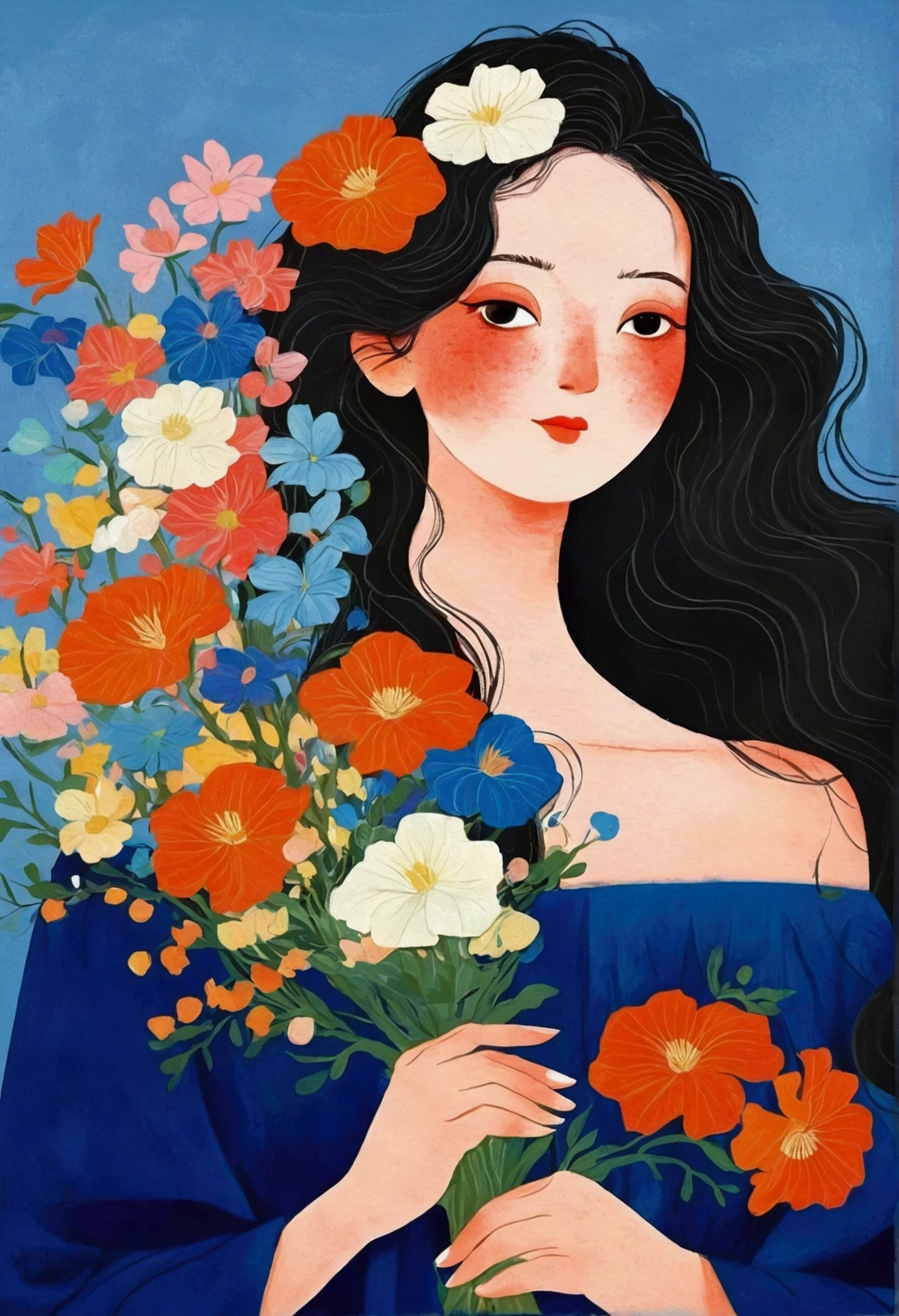 A painting，A graceful woman in the painting holds a large bouquet of flowers, Long wavy hair，Beautiful face，Se Kin-Kong（Kose Kanaoka）Minimalism, Popular trends on pixabay, Cloisonnism,Holding flowers, With blue background, Bring flowers, Flowers grow from the body, In the blue robe，Off-shoulder