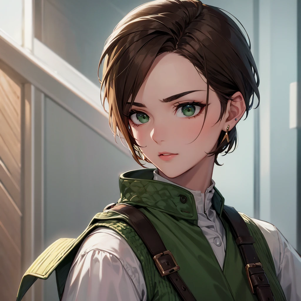 Strictness, eyebrows knitted, short hair, Brown hair, earrings, green eyes