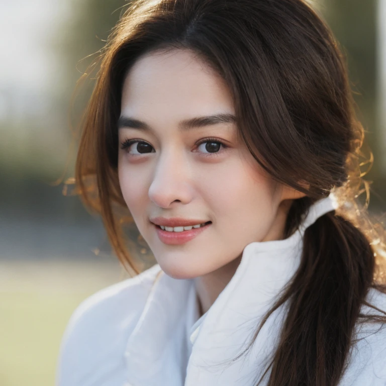 1girl, Realistic photograph best quality portrait of a beautiful gorgeous young cute Asian woman, 21yo., looking something, detailed face, Realistic texture human skin, very beauty long and slender bright glowing face, droopy hooded eyes, wavy nose, full wide lips, bright smiling, ponytail, studio portrait, (((young Marion Cotillard  blended face mixed with young Anne Hathaway))), wearing bodyfit white shirt, flirting smiling portrayal, ethereal girl, intimate lighting sturdy, real photo, brown eyes, zoomed, best quality, masterpiece, Leica SL3, Summicron-SL 75mm ASPH, F/1.8, (cinematic still:1.2), Film Never Die Kiro 400 film, bokeh, rim lighting, silhouette, shallowed depth of field,