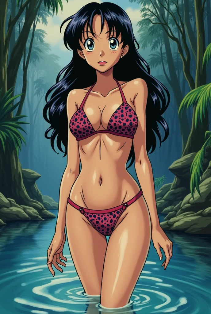 1980s anime screenshot, art by Eichiiro Oda, nami, one piece, bikini with hexagons, (mature:0.7), lipstick, swamp, stained glass, hide \(hideout\)
