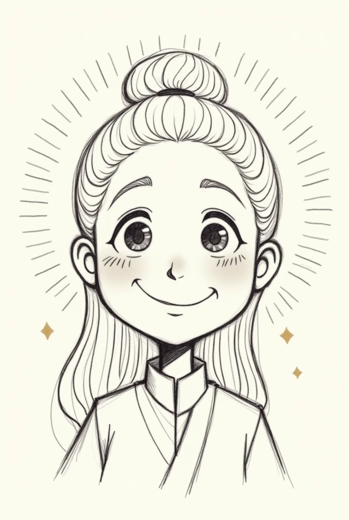 Create a simplified pencil sketch of a Sage from the Sunlit City. The Sage should appear wise but also cheerful, with a warm, welcoming expression. The sketch should focus on minimalistic, cartoon-like details, capturing the essence of wisdom and joy. The background can be abstract or minimal, with subtle hints of sunlight or radiant elements to reflect the Sunlit City.
