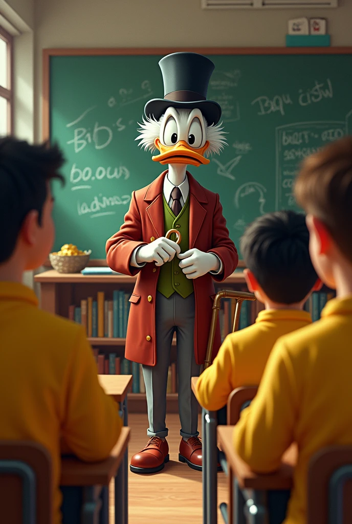 Create an artwork featuring Scrooge McDuck in a classroom, talking to students wearing yellow shirts.