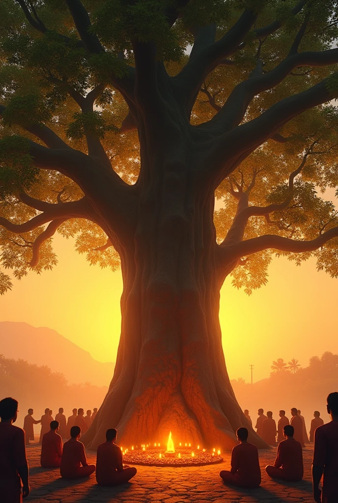 Peepal tree/ sacred fig tree at sunset time with people lit diyas around it. And write a text on this picture "why peepal tree is considered sacred in Hinduism"