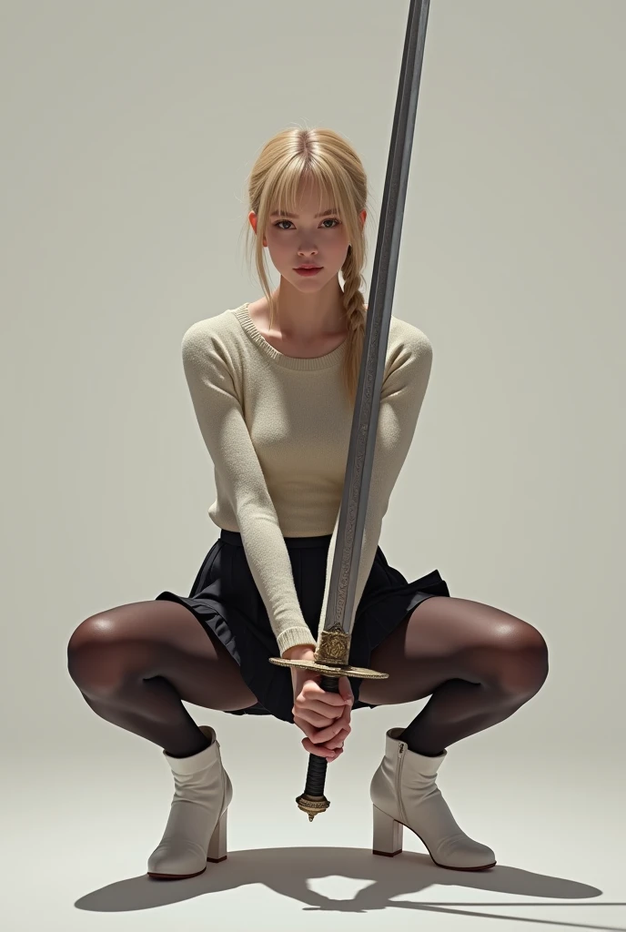work of art, best qualityer, super rendering, super realistico, Highly detailed face, Clean and delicate face, all-body, Squat and wield a long sword, Hold the sword anatomically correctly, Simple braided blonde ponytail, parted bangs, brow, Wearing a sweater and a pleated miniskirt, ass naked, legs spread open, sleeveless, black pantyhose, white short boots, gazing at viewer, simple color background