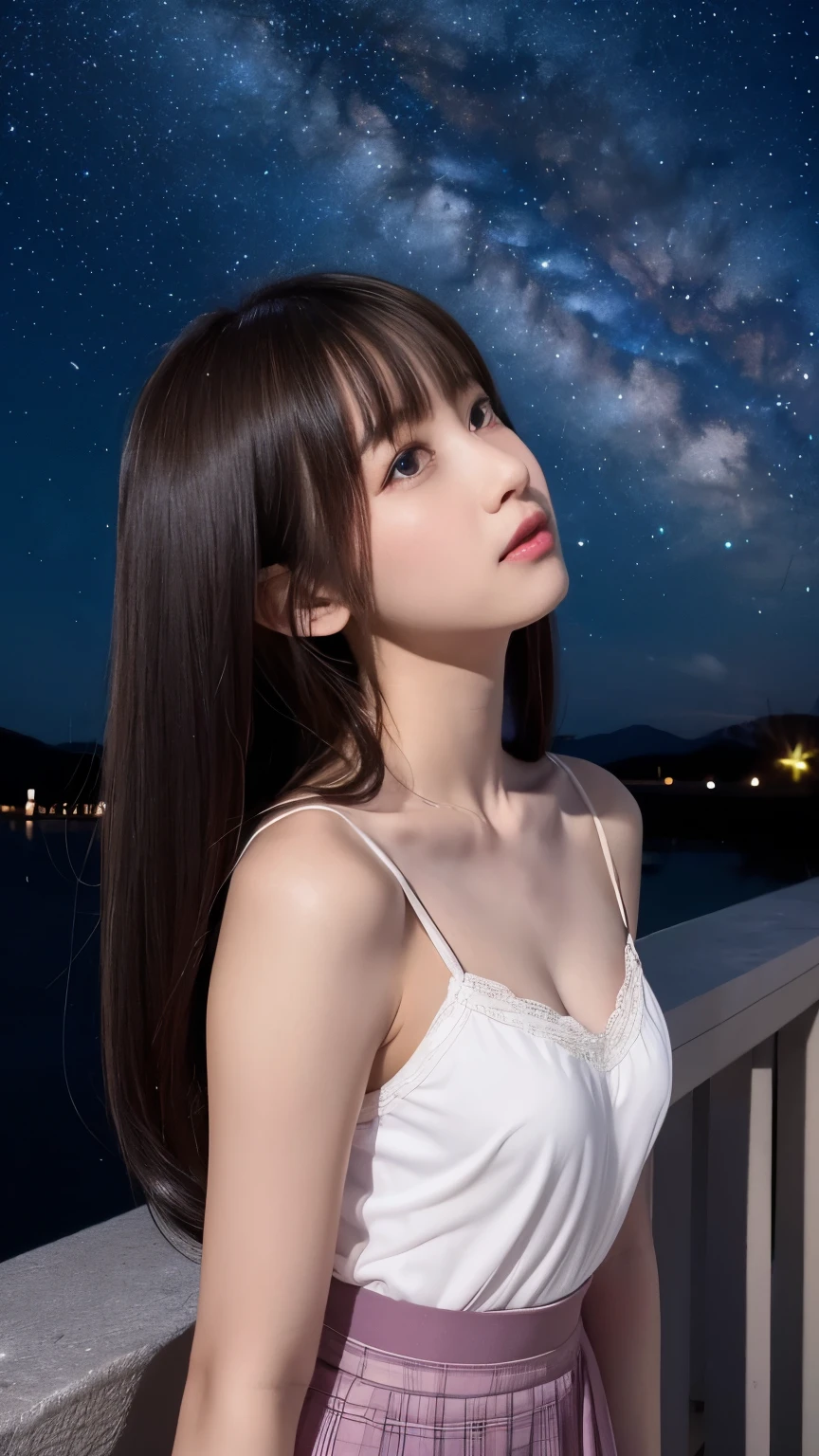 Beautiful images、Beautiful images、Night Sky、shooting start or herd、Teen、Iris、Hair length、Looking up at the sky、Japanese、high school girl、camisole、Fluttering mini skirt、