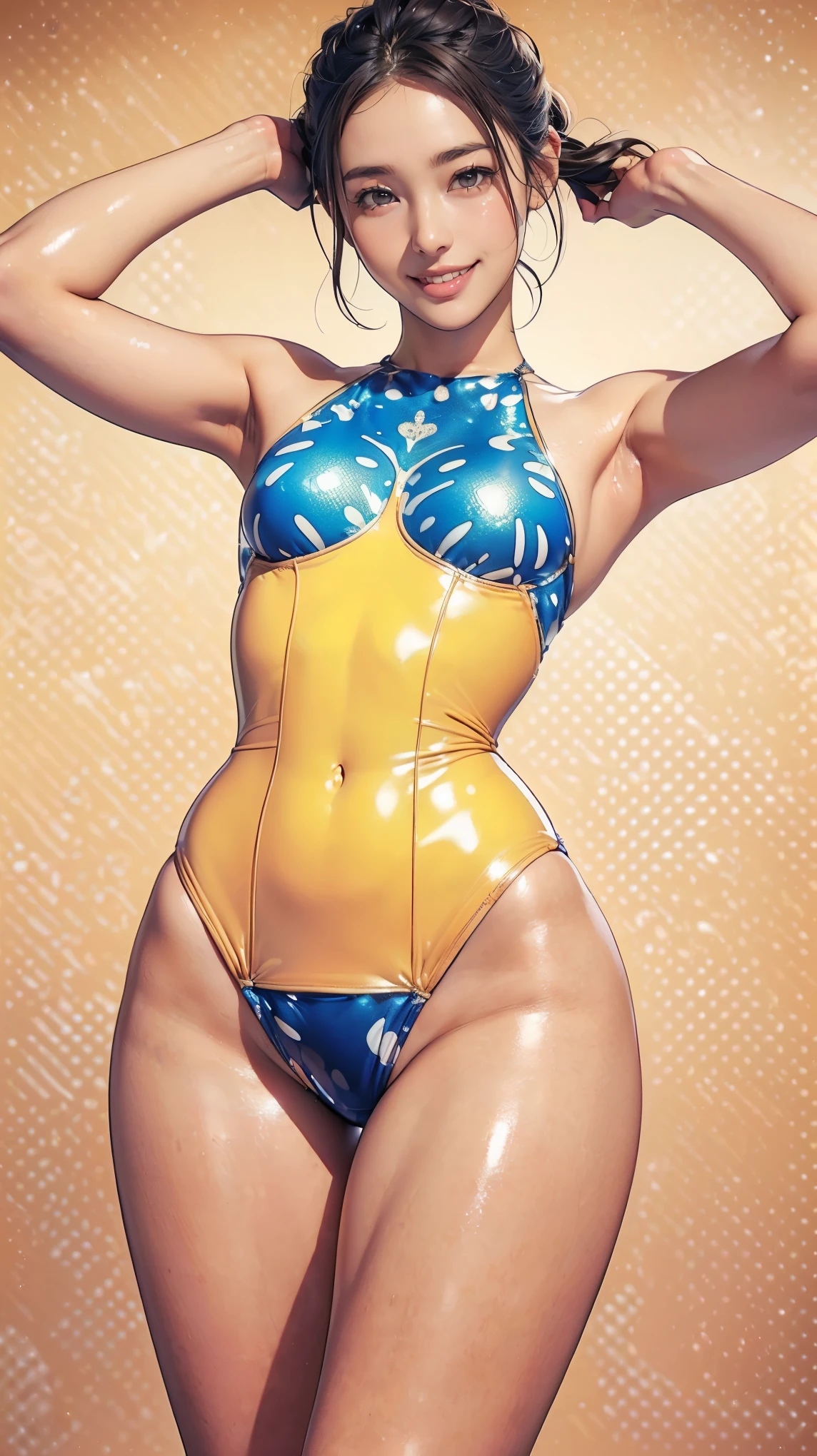 masterpiece,Highest quality,High resolution,Realistic,(20-year-old women:1.2), (Simple swimsuit made of water-dot patterned latex material, Camel Toe:1.5), (Smiling with teeth showing and eyes narrowed:1.3), (Unique hairstyle, Brown Hair, middle part, Natural Makeup:1.3), (small breasts, Waistline, Thick thighs:1.3), (Show off your armpits, Don&#39;t show your hands:1.3), (Luxury hotel poolside:1.3), (Shooting from below:1.3), (Standing and spreading legs:1.3)