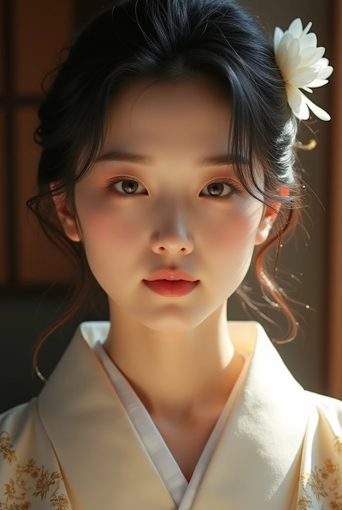 An elegantly dressed Japanese woman in natural light、A close-up of her chest and calm expression.、It shows her inner peace and outer charm.。