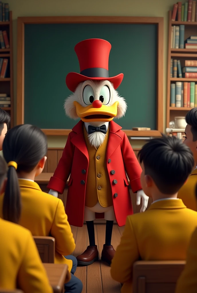 draw a picture of Uncle Scrooge dressed in red talking to teenagers dressed in yellow uniforms in a classroom