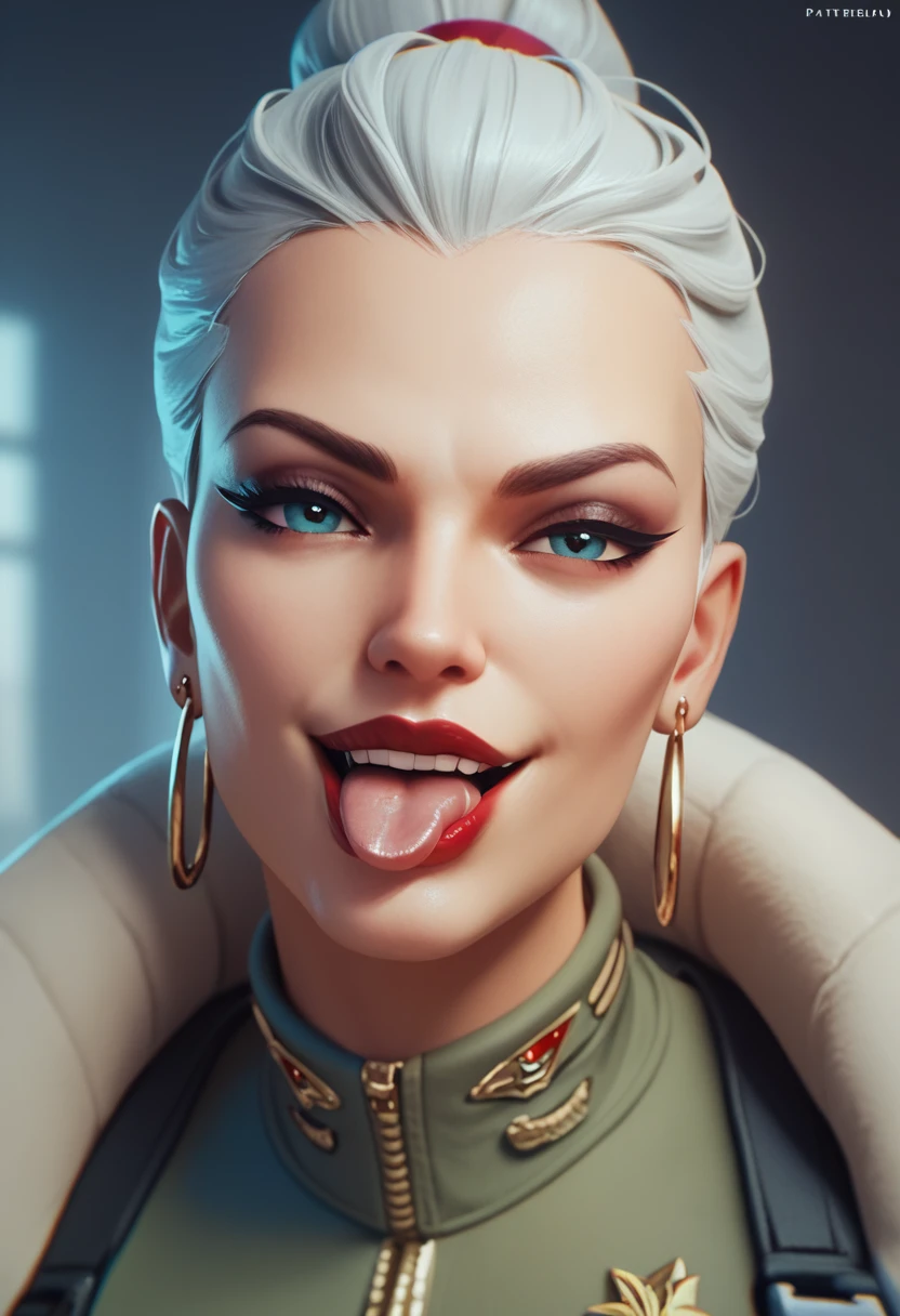 (masterpiece) (best quality) (detailed face) (8k) (sharp focus), 1 military woman, aged woman, wide smirk, red lipstick, badass and cool tongue out
