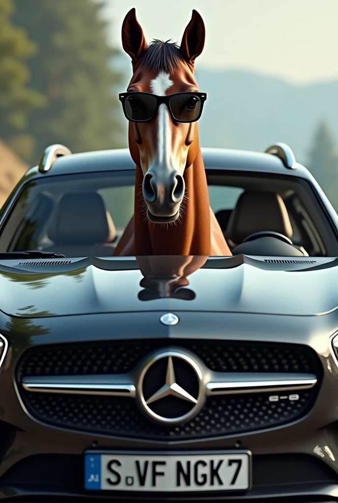 A horse sitting in a Mercedes wearing cool sunglasses