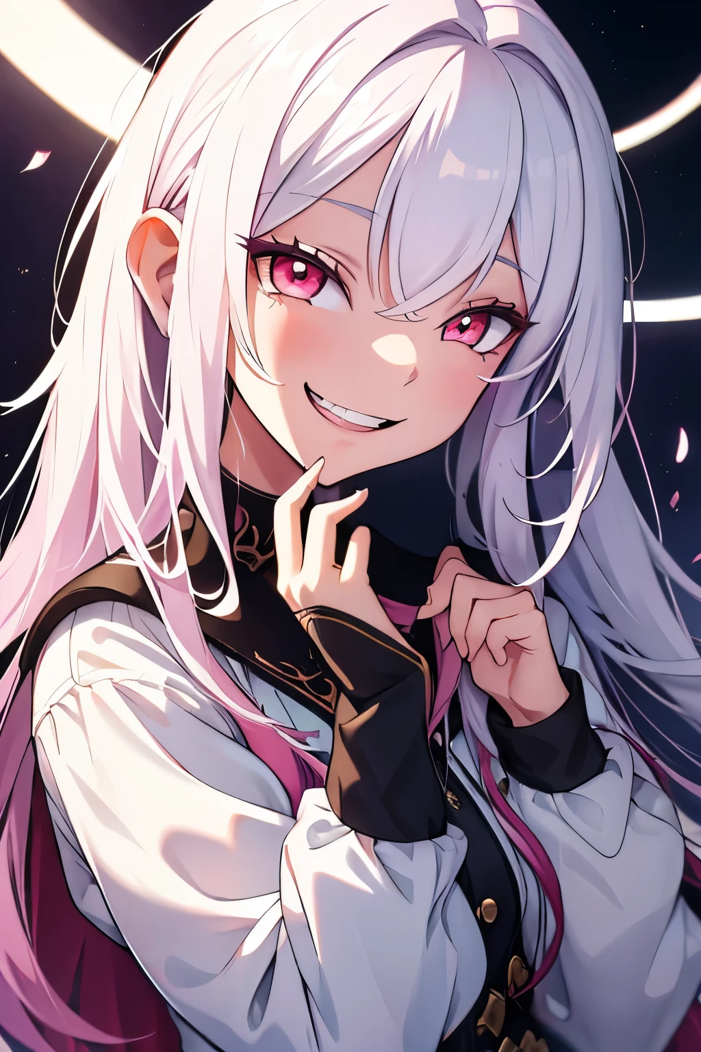 masterpiece,best quality, elfo, orelhas pontudas,1girl,long hair,very long hair,white and pink eyes, white hair, (multicolored hair:0.7), forehead, grin, :3, upper body, hand to own mouth,open mouth,