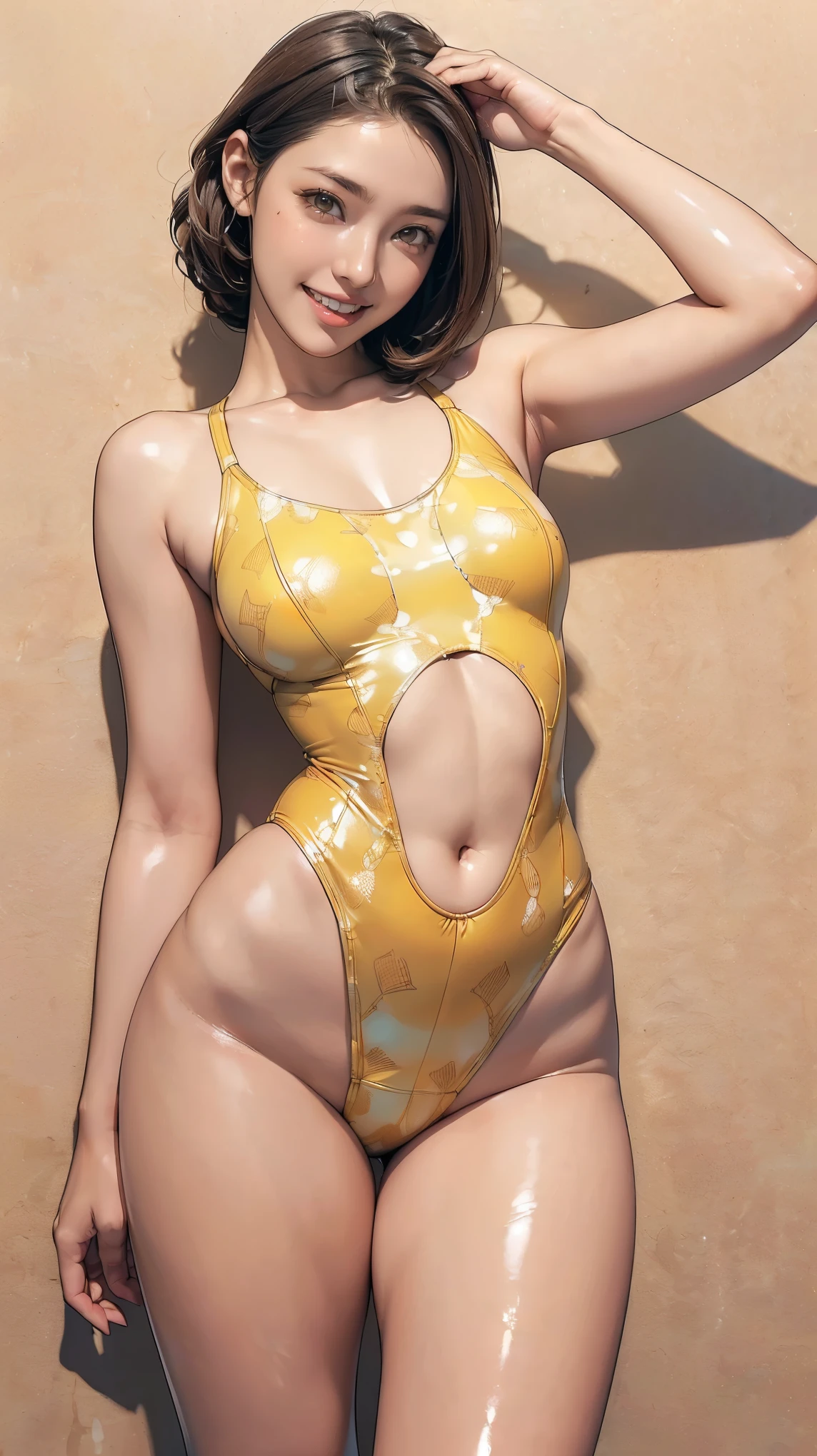 masterpiece,Highest quality,High resolution,Realistic,(20-year-old women:1.2), (Simple swimsuit made of water-dot patterned latex material, Camel Toe:1.5), (Smiling with teeth showing and eyes narrowed:1.3), (Unique hairstyle, Brown Hair, middle part, Natural Makeup:1.3), (small breasts, Waistline, Thick thighs:1.3), (Show off your armpits, Don&#39;t show your hands:1.3), (Luxury hotel poolside:1.3), (Shooting from below:1.3), (Standing and spreading legs:1.3)