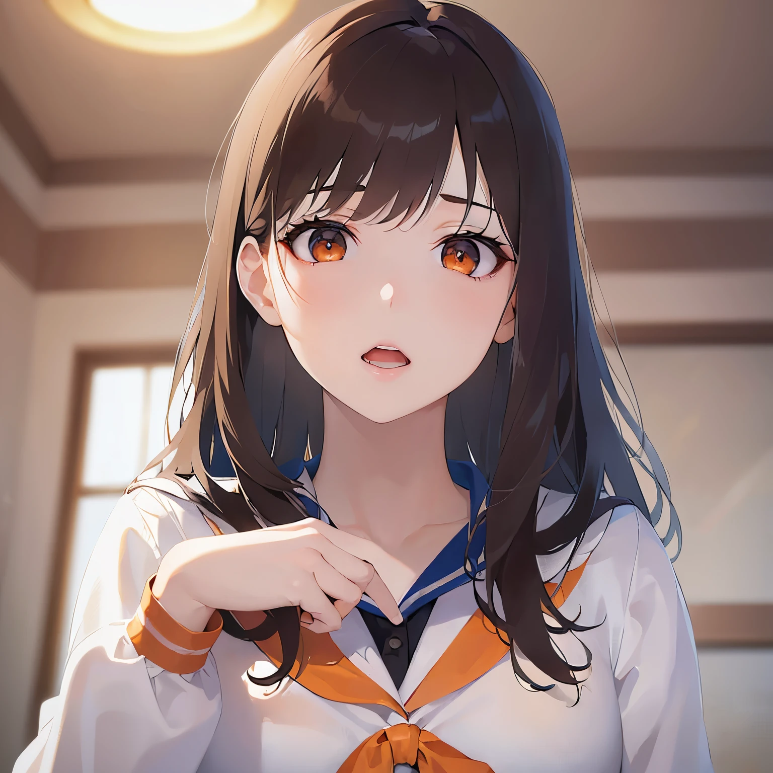 (looking down:1.5)Upper Body, Shooting from below、
Realistic, real person, (pale skin: 1.2), RAW photo, photorealistic, shiny skin, shiny hair、
(A 25-year-old woman with medium-length hair and bangs) and (wavy hair) and (brown hair) and (orange eyes),
Sailor suit、
surprised,open mouth,The background is the living room、(alone:1.5)